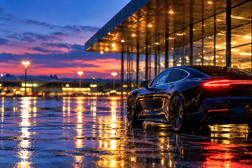 Black sports sedan beside glass terminal
