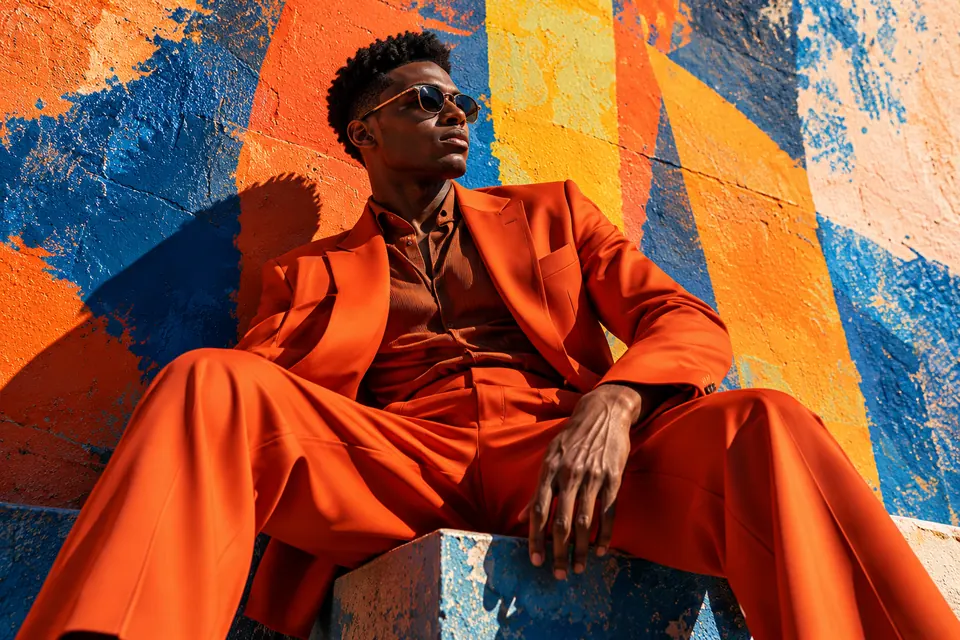 Burnt-Orange Suit by a Blue-Orange Mural