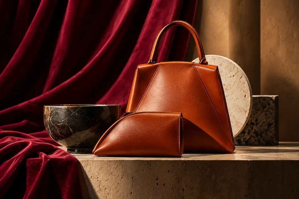Cognac handbags in warm gallery light
