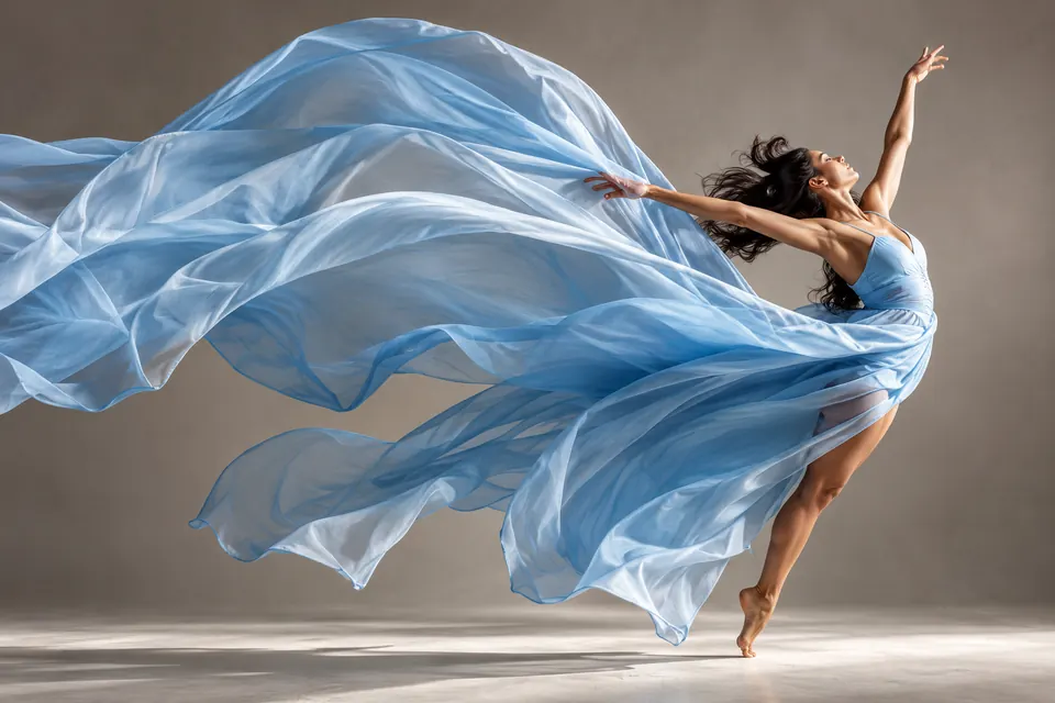 Dancer in billowing pale-blue silk