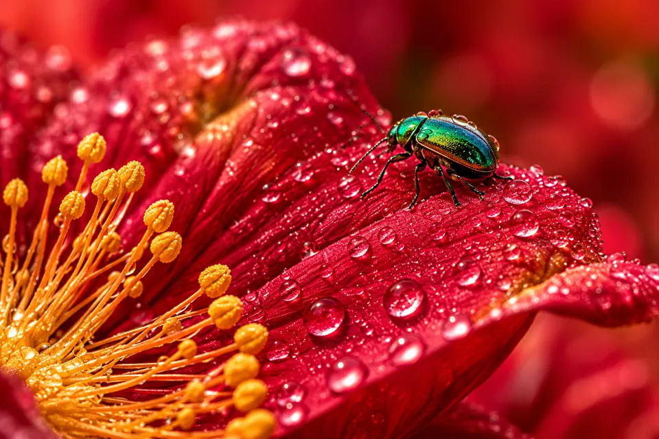 Emerald Beetle on Crimson Petals