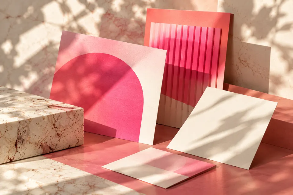 Geometric cards in architectural sunlight