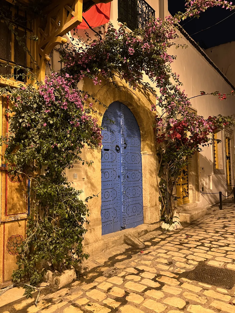 A blue door framed by bougainvillea on a cobbled lane