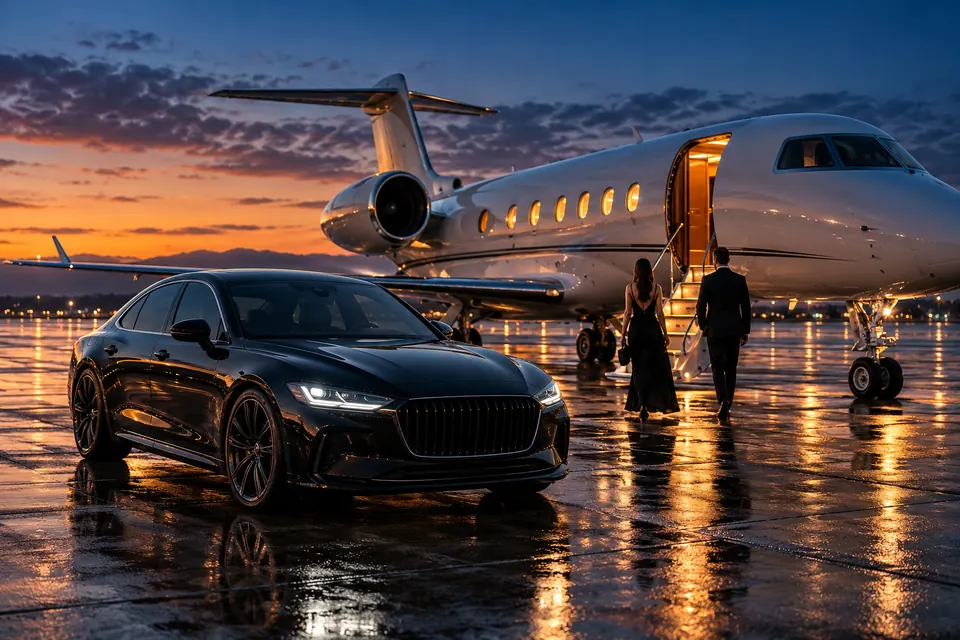 Midnight Car Beside a Private Jet