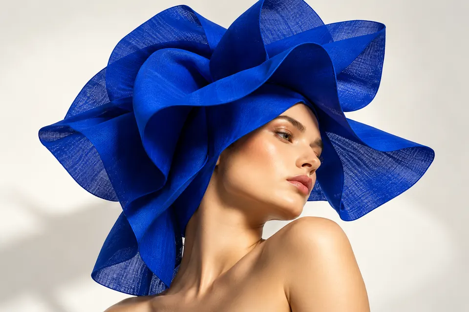 Sculptural cobalt headpiece portrait