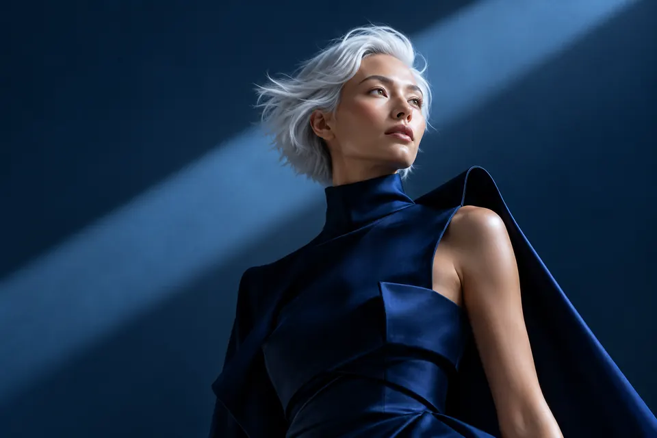 Silver-haired model in midnight-blue couture
