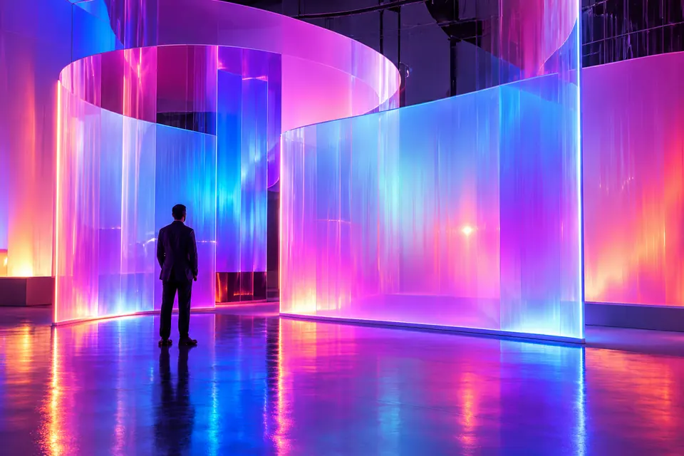 Visitor in a Curved Magenta-Cyan Lightscape